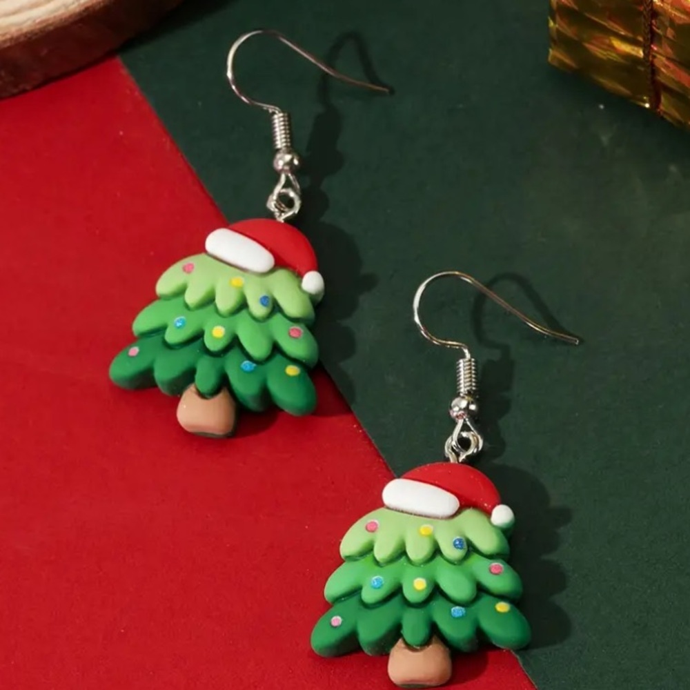 Christmas Tree with Santa Hat Holiday Earrings - Picture 4 of 4